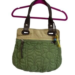Fossil Key Per Green Tan Quilted Handbag‎ Double Handle Pockets Bag Charm